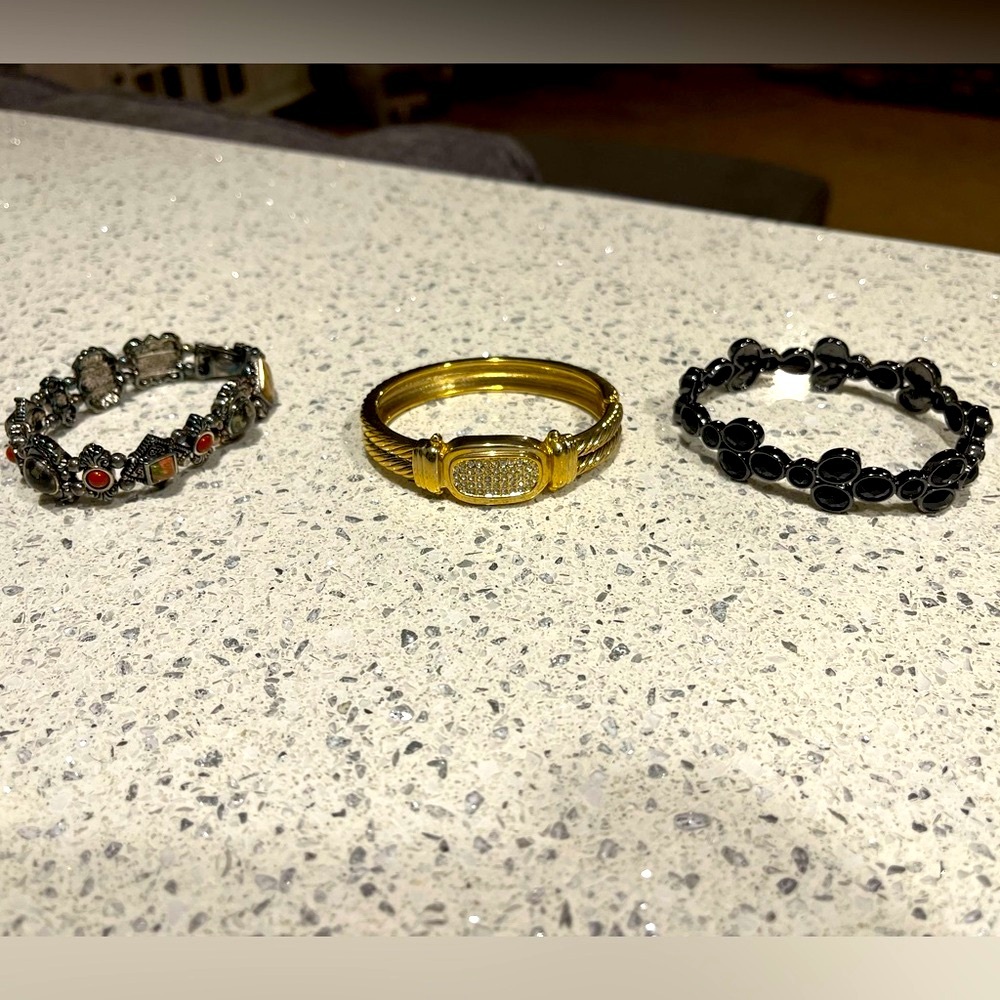 Elegant Gold Bracelet, Blk Bead w/ Dk Pewter Stretch Bracelet & Pewter w Stones